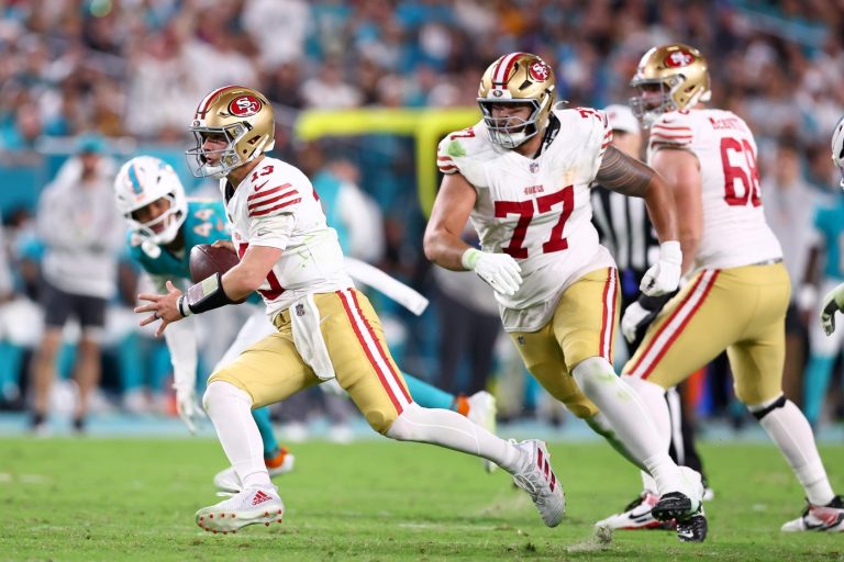 49ers give birthday-boy Purdy a patchwork offensive line for home finale