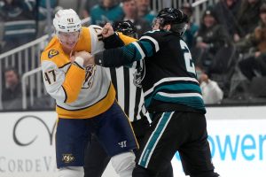 Sharks’ frustrations boil over with three fights in four seconds against Nashville