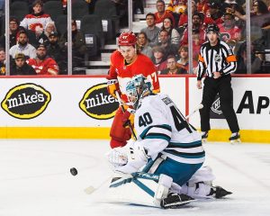 Late goal sinks Sharks in frustrating loss to Flames to start road trip