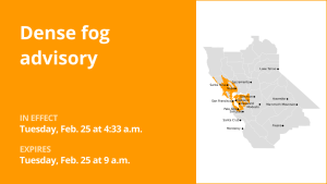 Dense fog advisory affecting Northern California until Tuesday morning