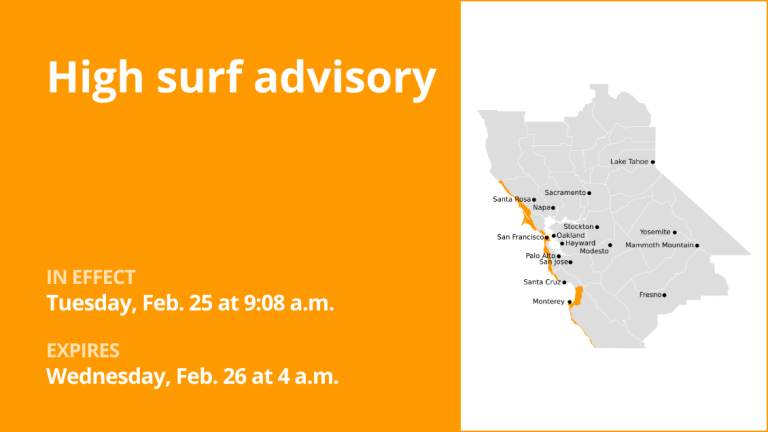 High surf advisory issued for Bay Area Shorelines until early Wednesday morning – breaking waves of 20 to 25 feet predicted