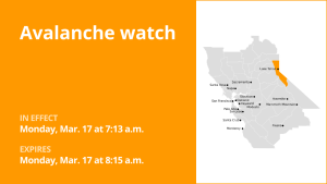 The Greater Lake Tahoe Area placed under an avalanche watch Monday morning